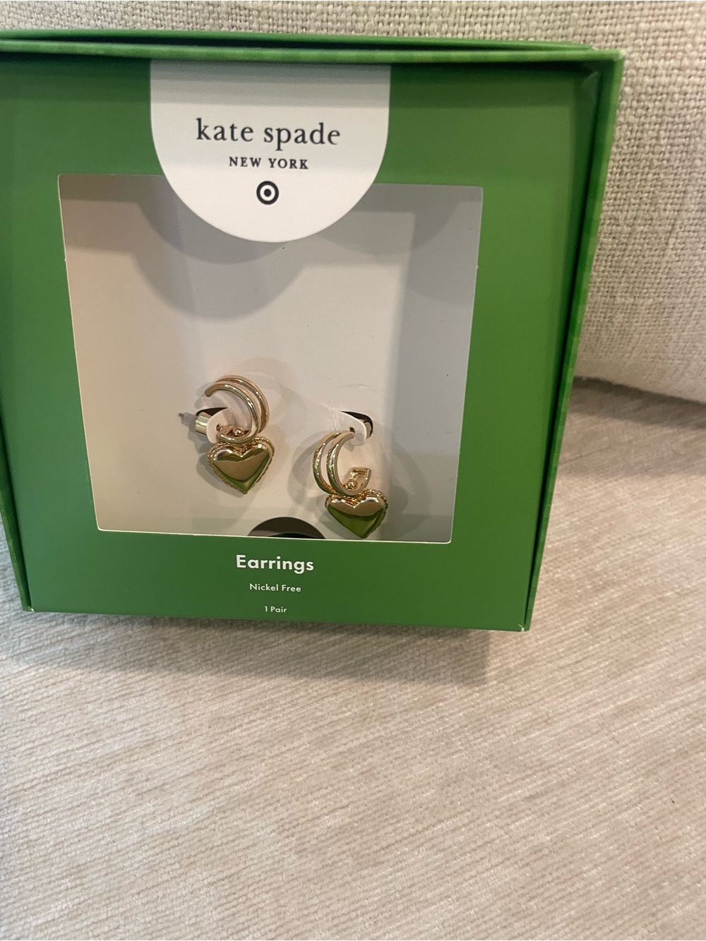 kate spade Gold Hoop Earrings with Green Heart Charms
